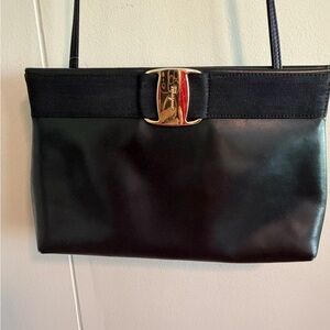 Salvatore Ferragamo Black Leather Shoulder Bag with Gold Buckle